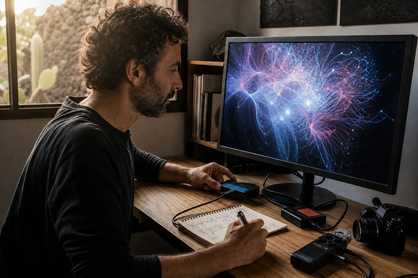 Artista digital verifica una obra y prepara dos copias de archivo