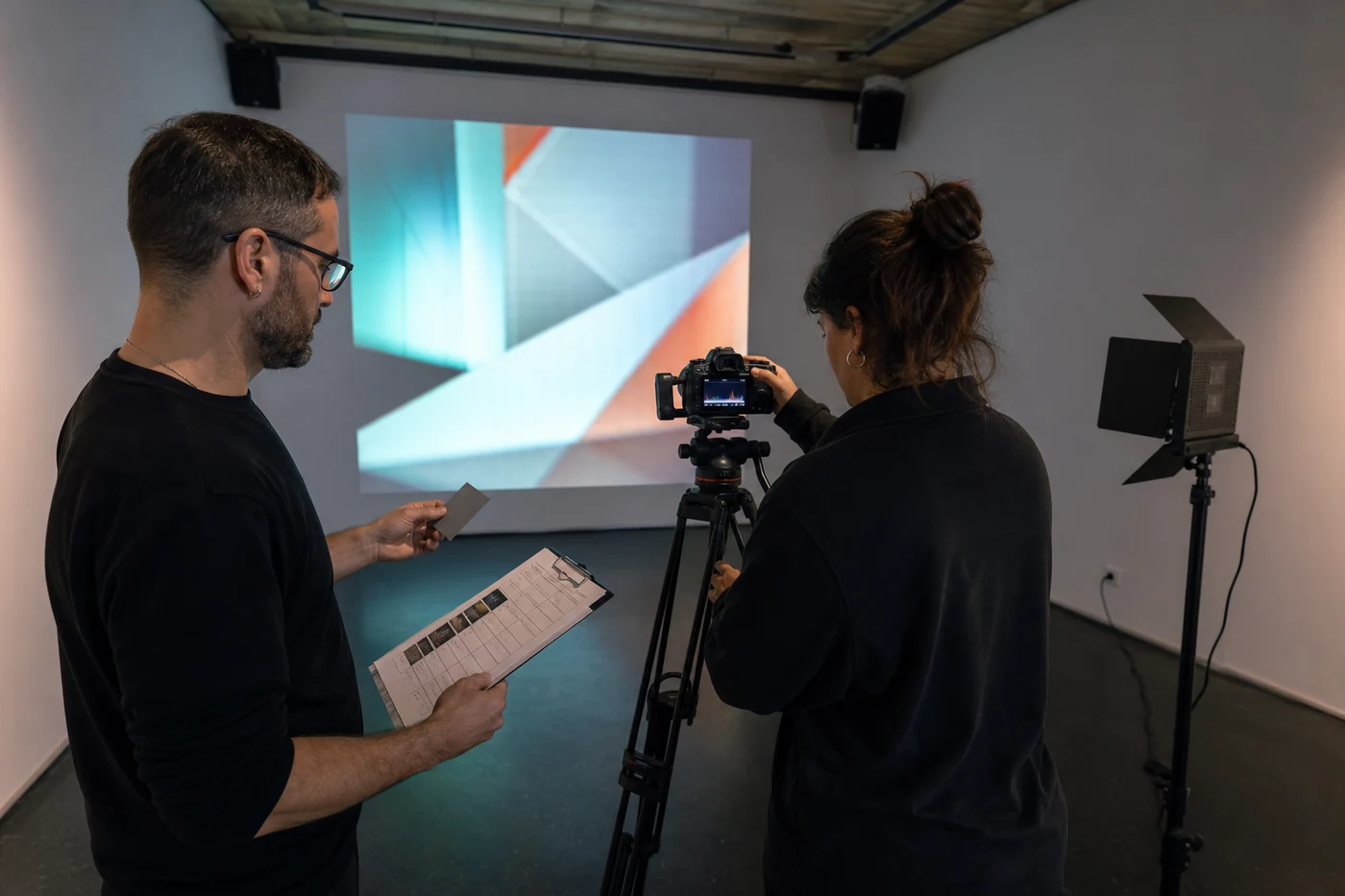 Documentalista fotografía una proyección mientras un curador verifica color y ficha de montaje