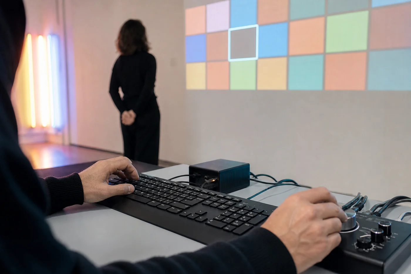 Manos prueban teclado y control físico junto a una obra digital interactiva