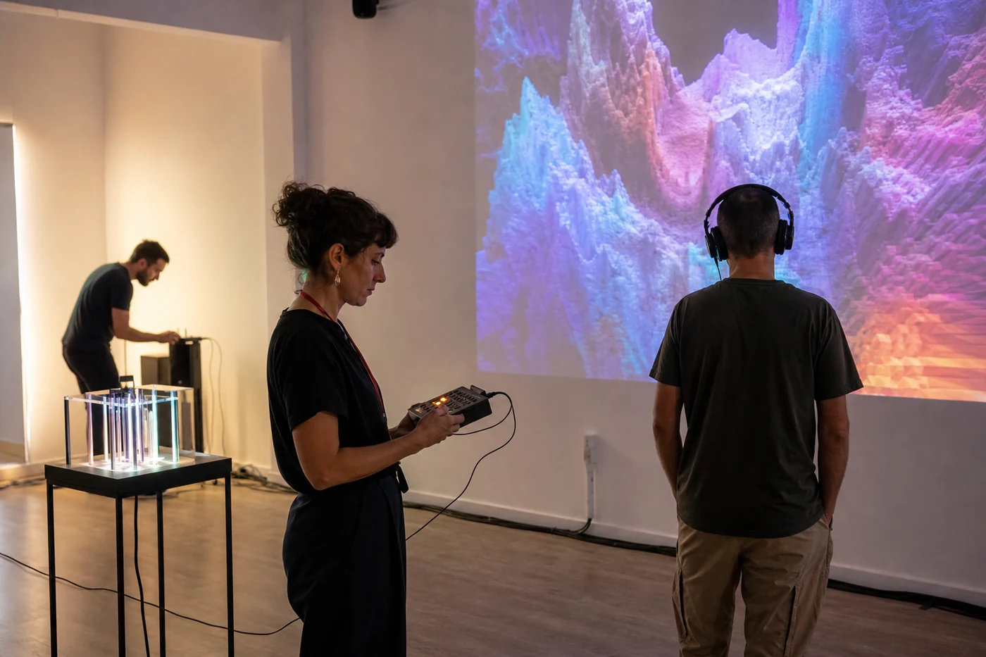 Curadora y persona de prueba revisan sonido y proyección en una muestra digital