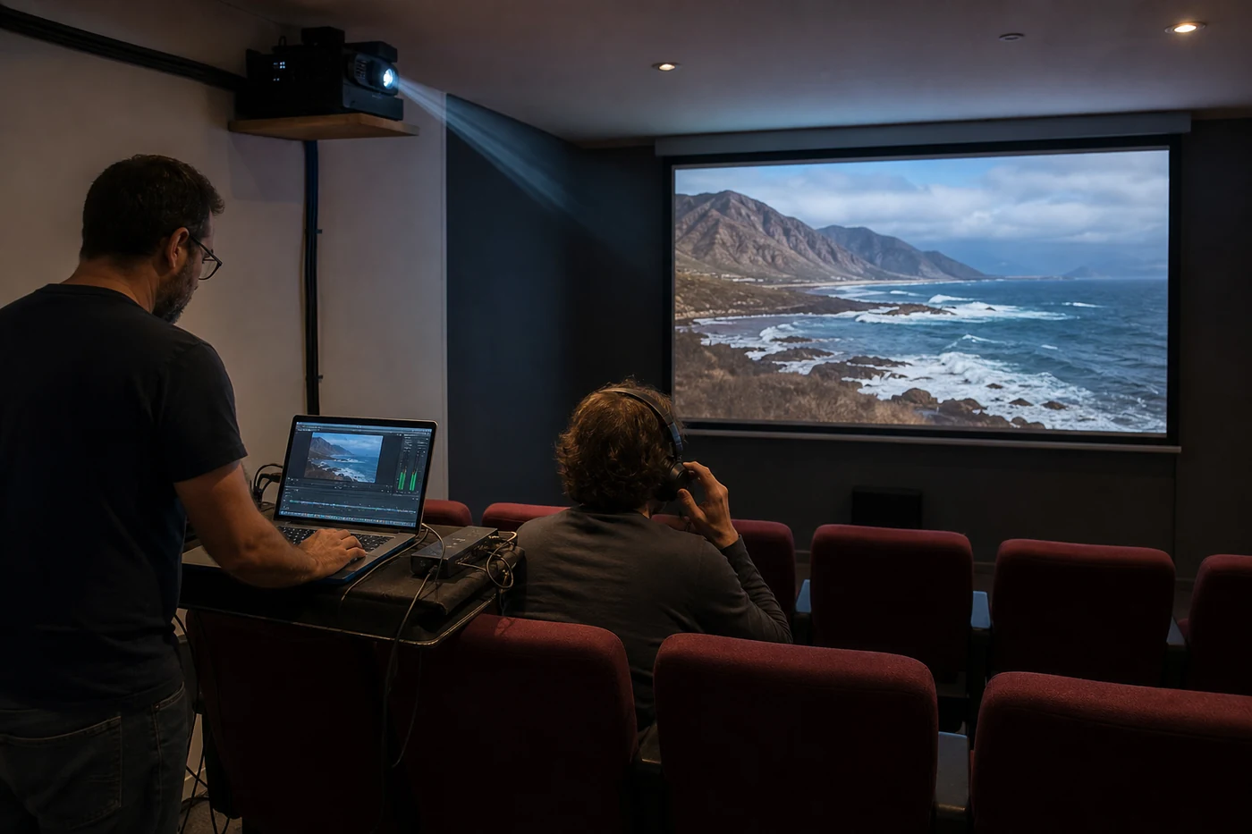 Dos técnicos prueban imagen y audio de una copia audiovisual en una pequeña sala antes de la proyección
