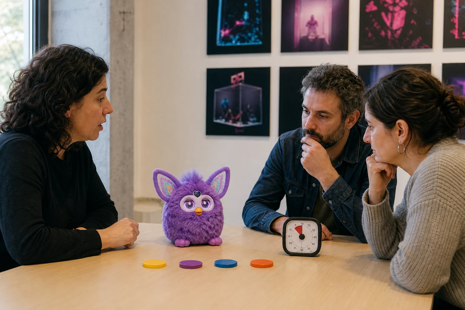 Participantes prueban por turnos las respuestas de voz de un Furby F6743 en un taller de cultura digital